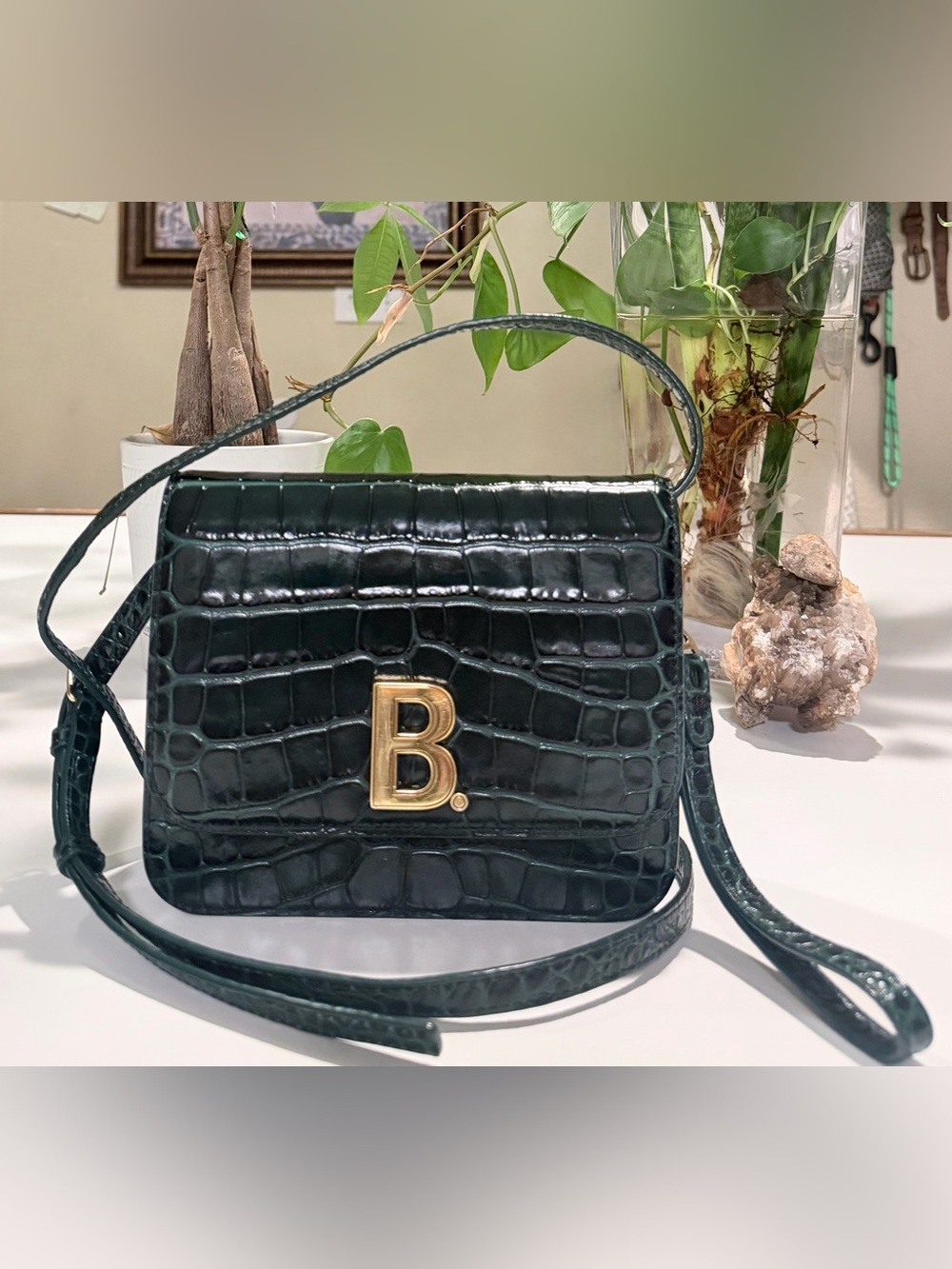 Balenciaga Dark Green Croc-Embossed B Shoulder Bag with Gold Logo